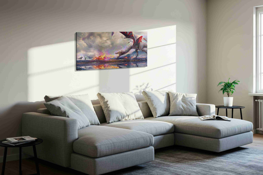 Dragon's Fiery Lament fantasy canvas print, displayed in a living room