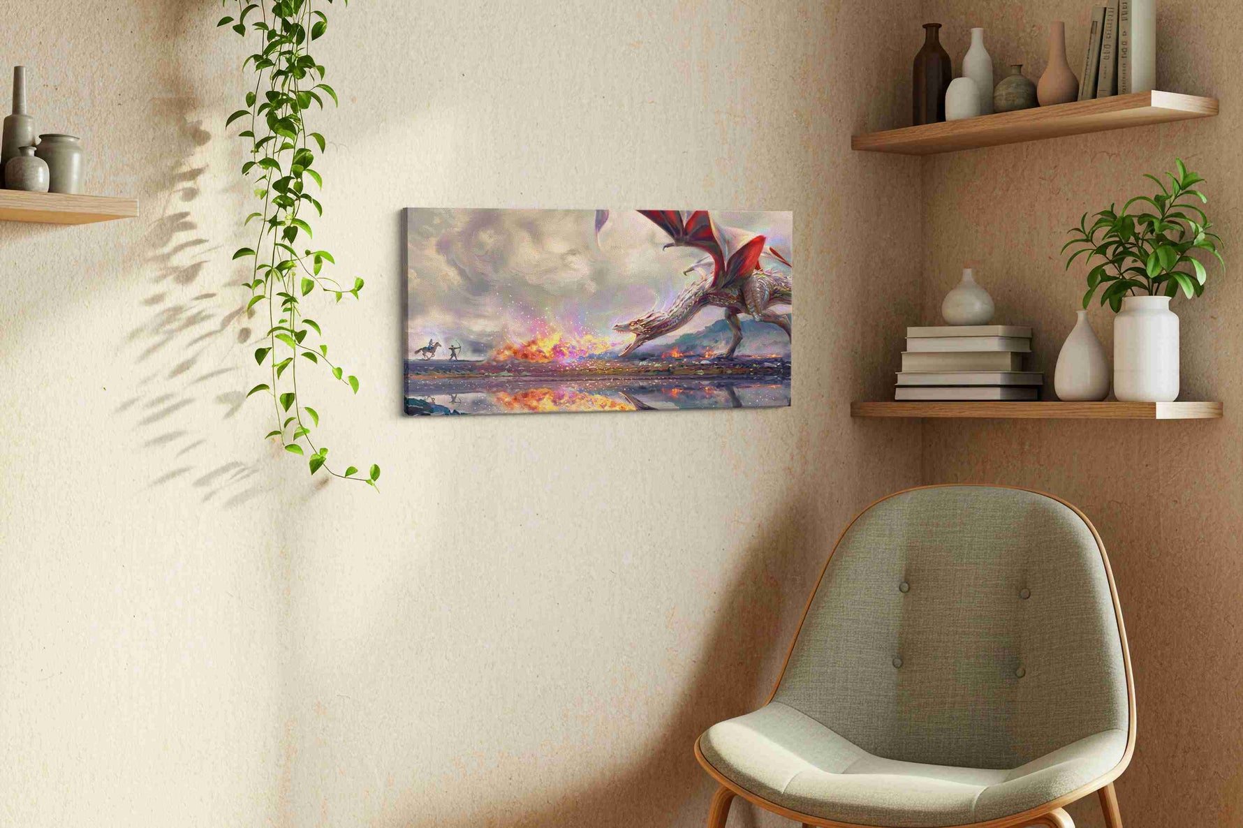 Dragon's Fiery Lament fantasy canvas print styled in a living room