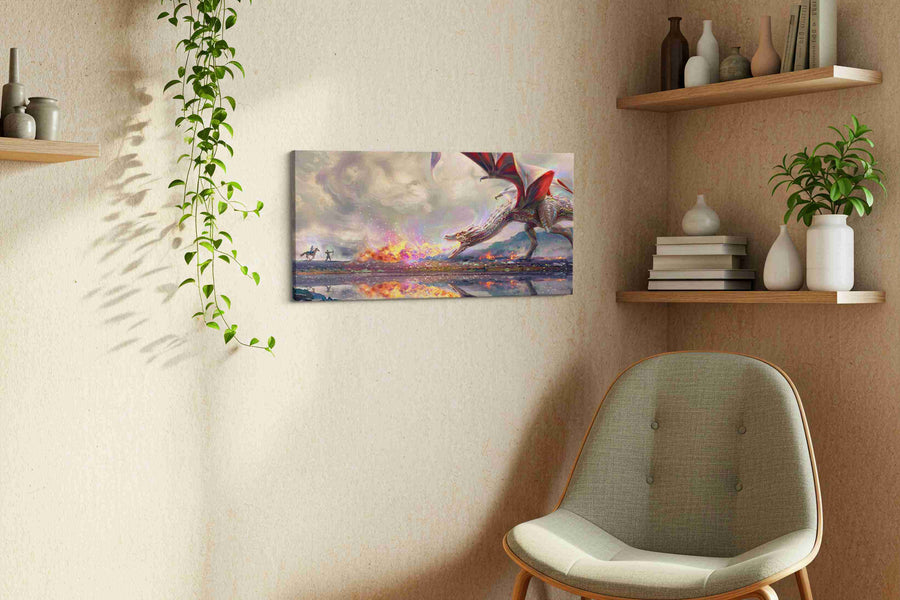 Dragon's Fiery Lament fantasy canvas print styled in a living room