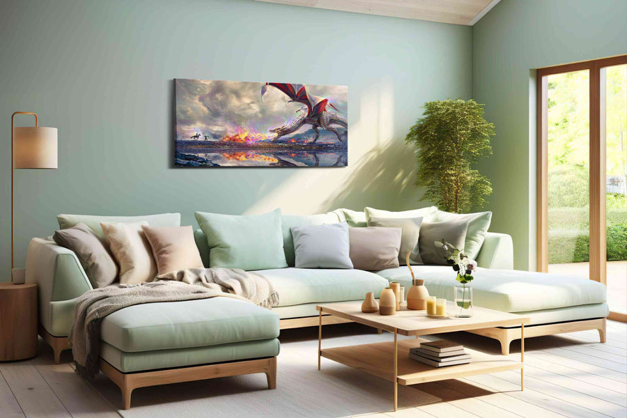 Dragon's Fiery Lament fantasy canvas print, hanging on wall