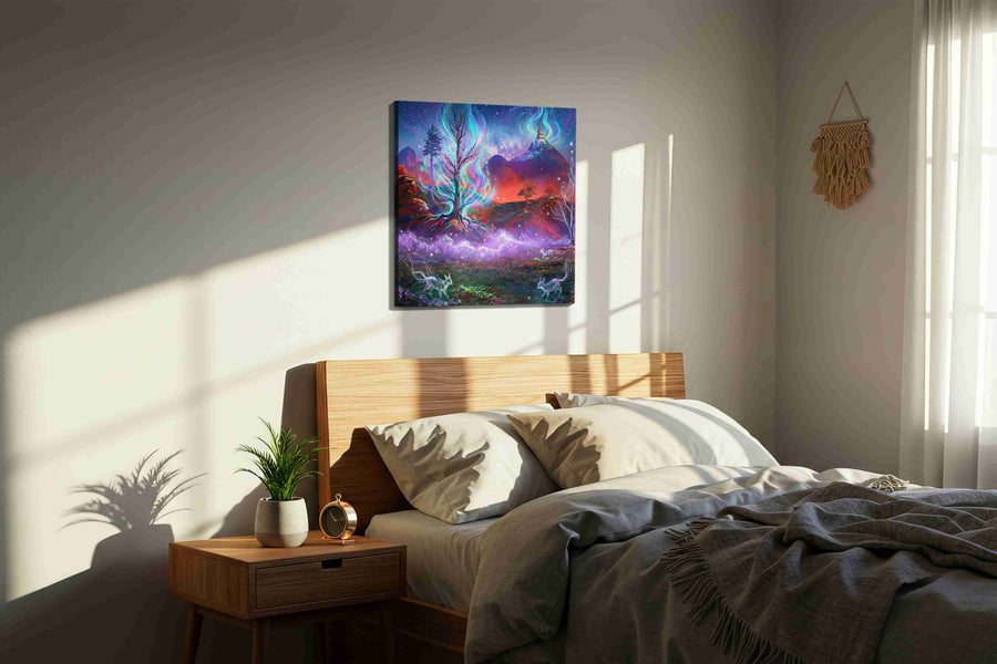 Enchanted Nocturnal Realm fantasy canvas print, displayed in a bedroom