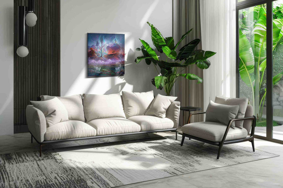 Enchanted Nocturnal Realm fantasy canvas print in a hung canvas mockup