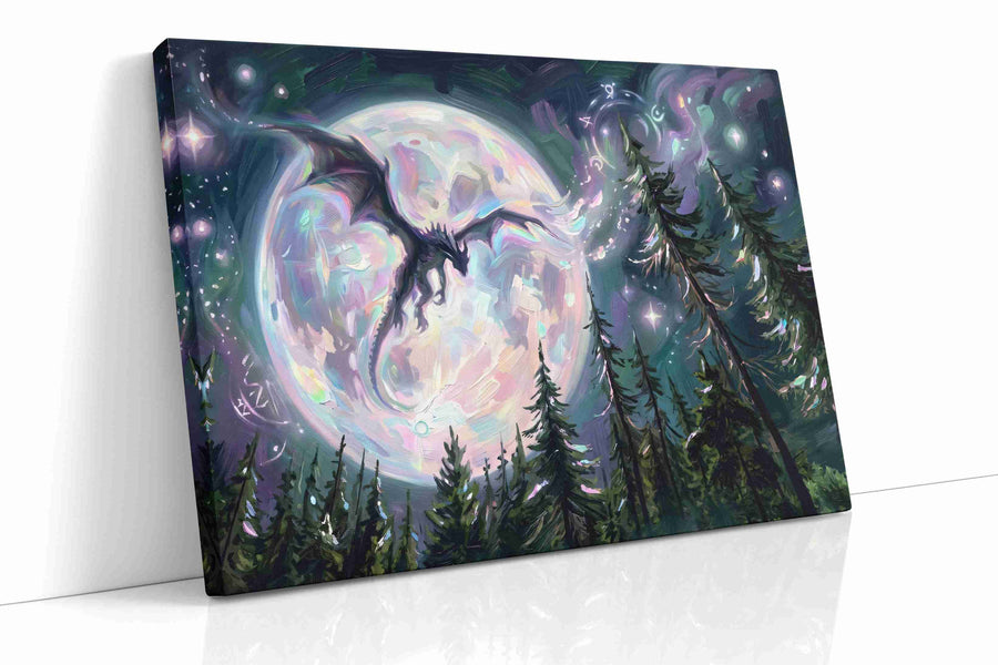 Moonlit Dragon's Flight – fantasy canvas wall art, gallery-wrapped, ready to hang