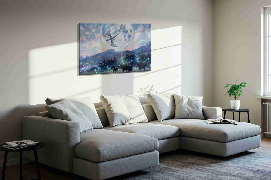 Moonlit Dreamscape fantasy canvas print, displayed in a living room