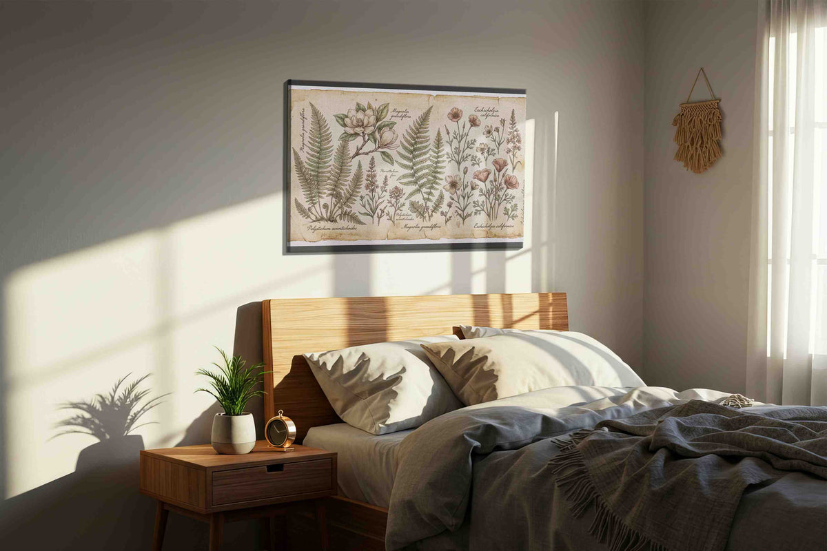 Whispers of the Botanical World vintage canvas print, displayed in a bedroom
