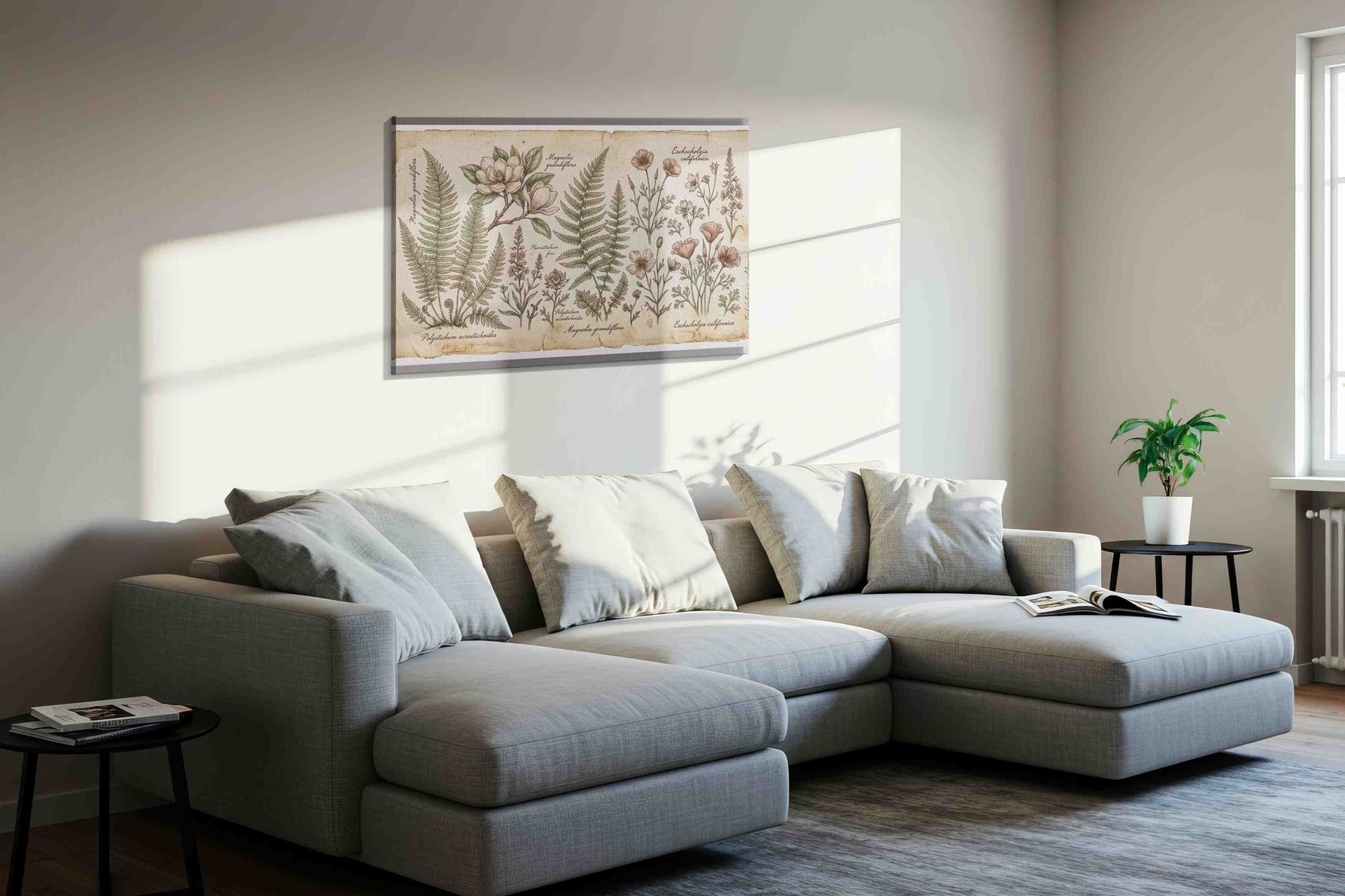 Whispers of the Botanical World vintage canvas print, displayed in a living room