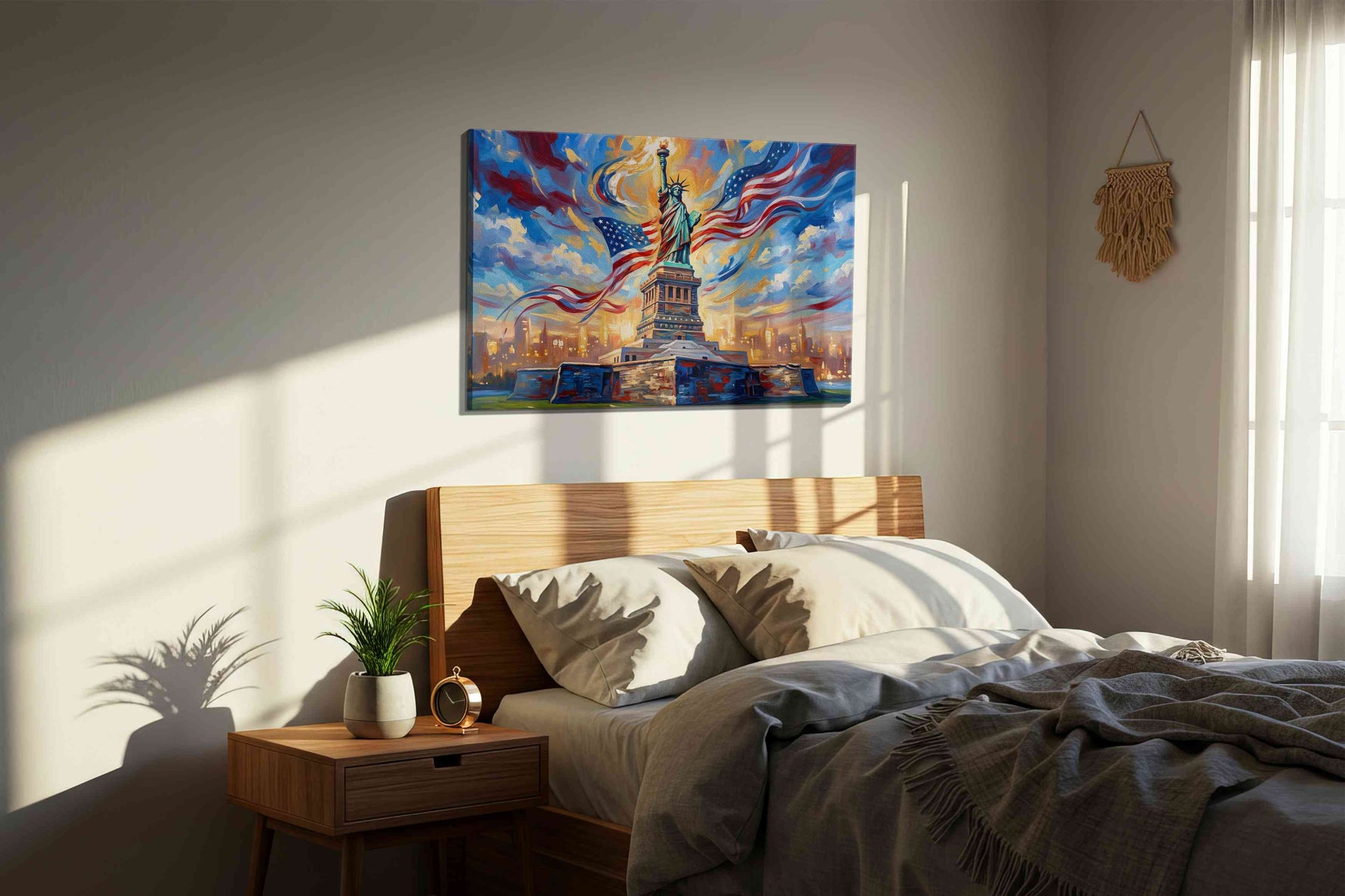 Liberty's Radiant Dreamscape patriotic canvas print, displayed in a bedroom