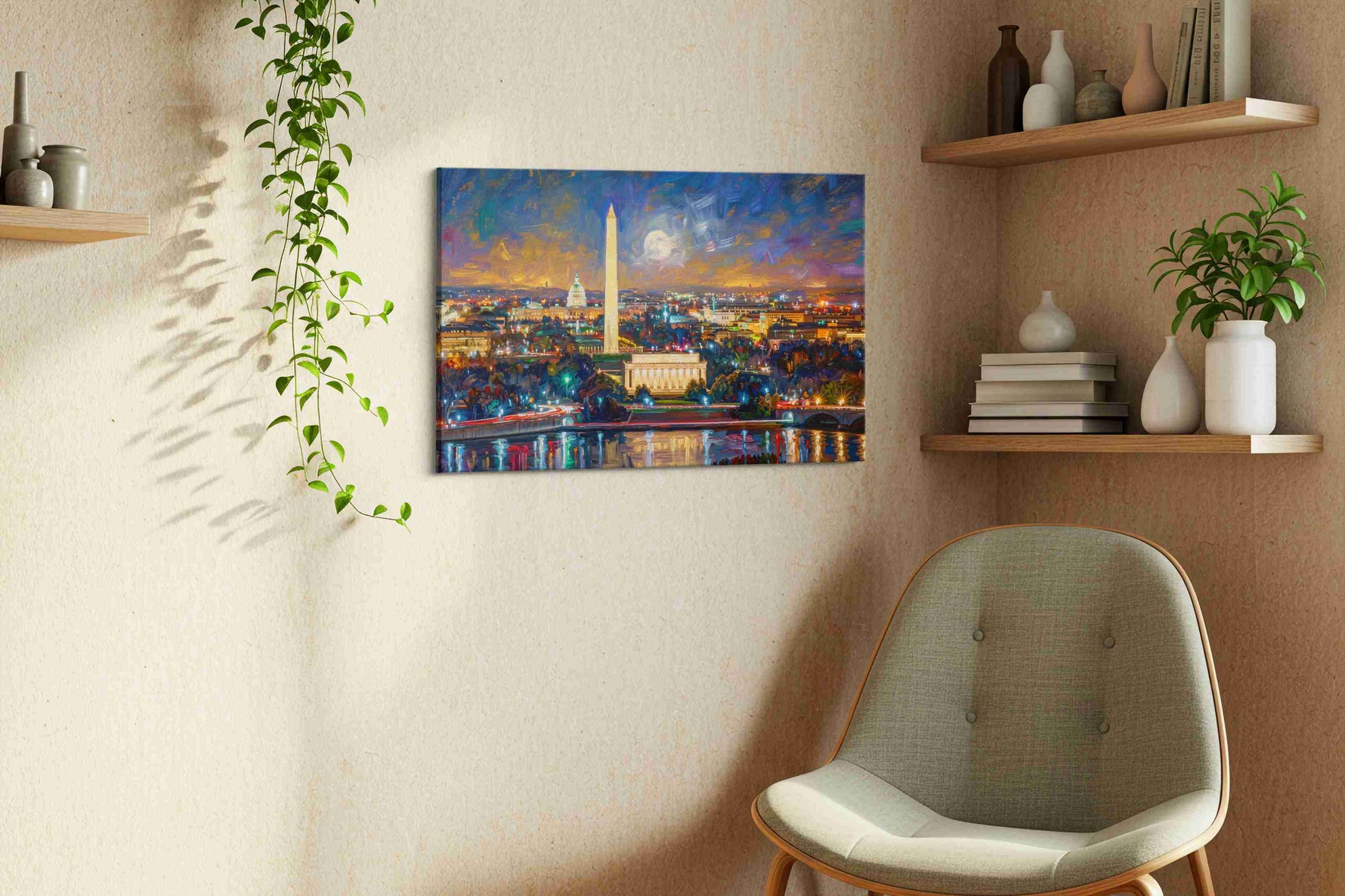 Moonlit Capital Serenity urban canvas print, displayed in a living room