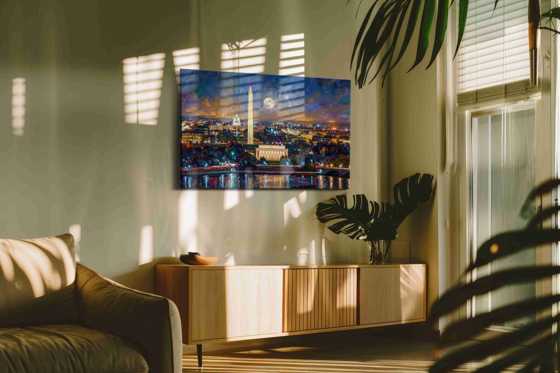 Moonlit Capital Serenity urban canvas print in a hung canvas mockup