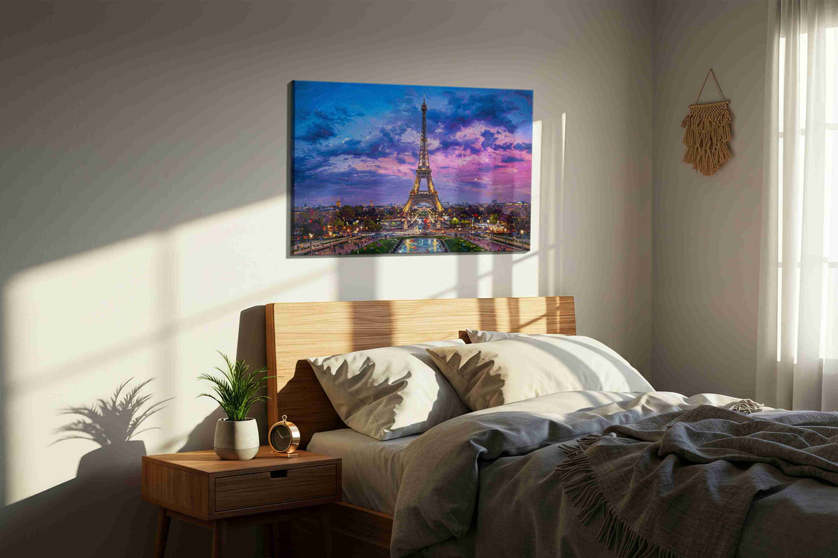 Parisian Twilight Symphony urban canvas print, displayed in a bedroom
