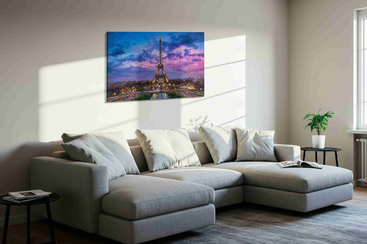 Parisian Twilight Symphony urban canvas print, displayed in a living room