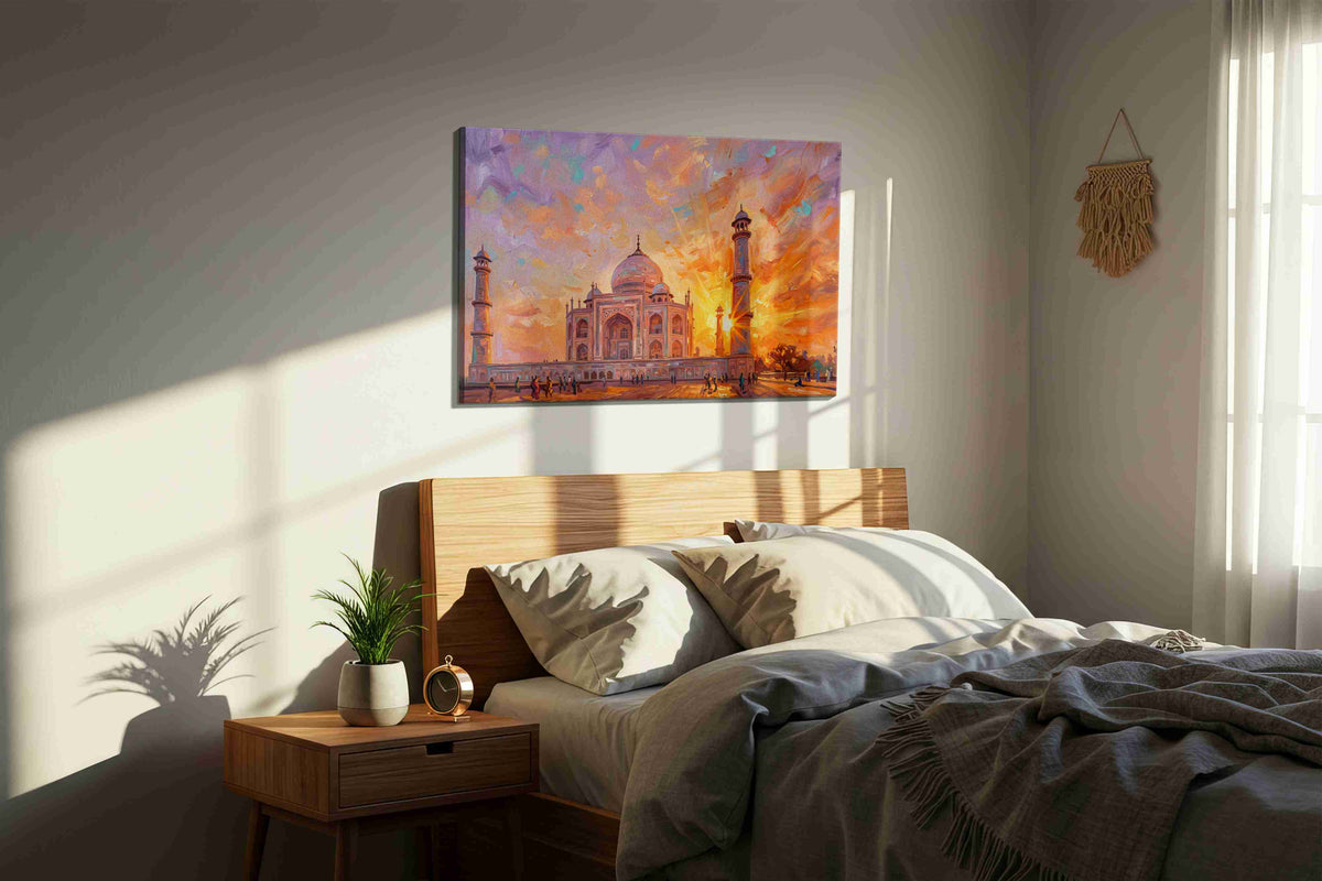 Sunset Serenade at the Taj landmarks canvas print, displayed in a bedroom