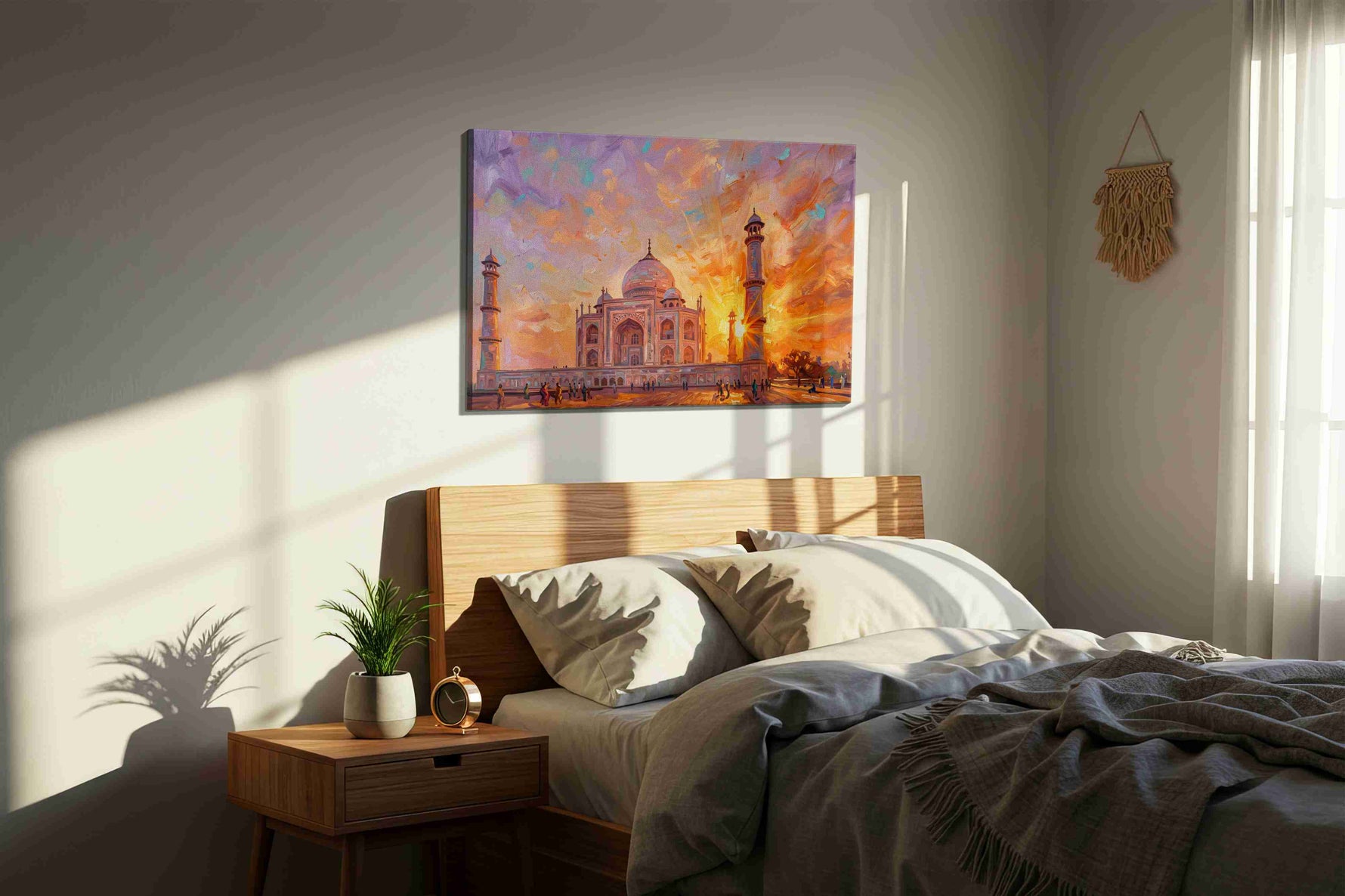 Sunset Serenade at the Taj landmarks canvas print, displayed in a bedroom