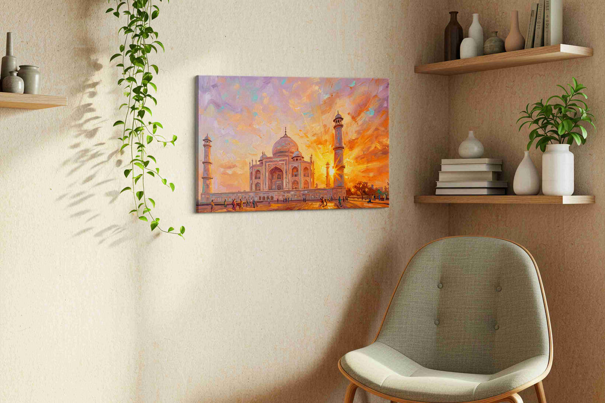 Sunset Serenade at the Taj landmarks canvas print, displayed in a living room