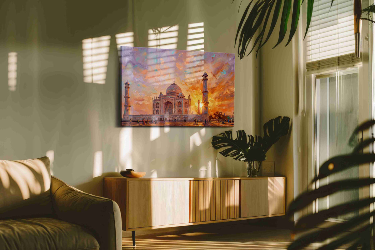 Sunset Serenade at the Taj landmarks canvas print, hanging on wall