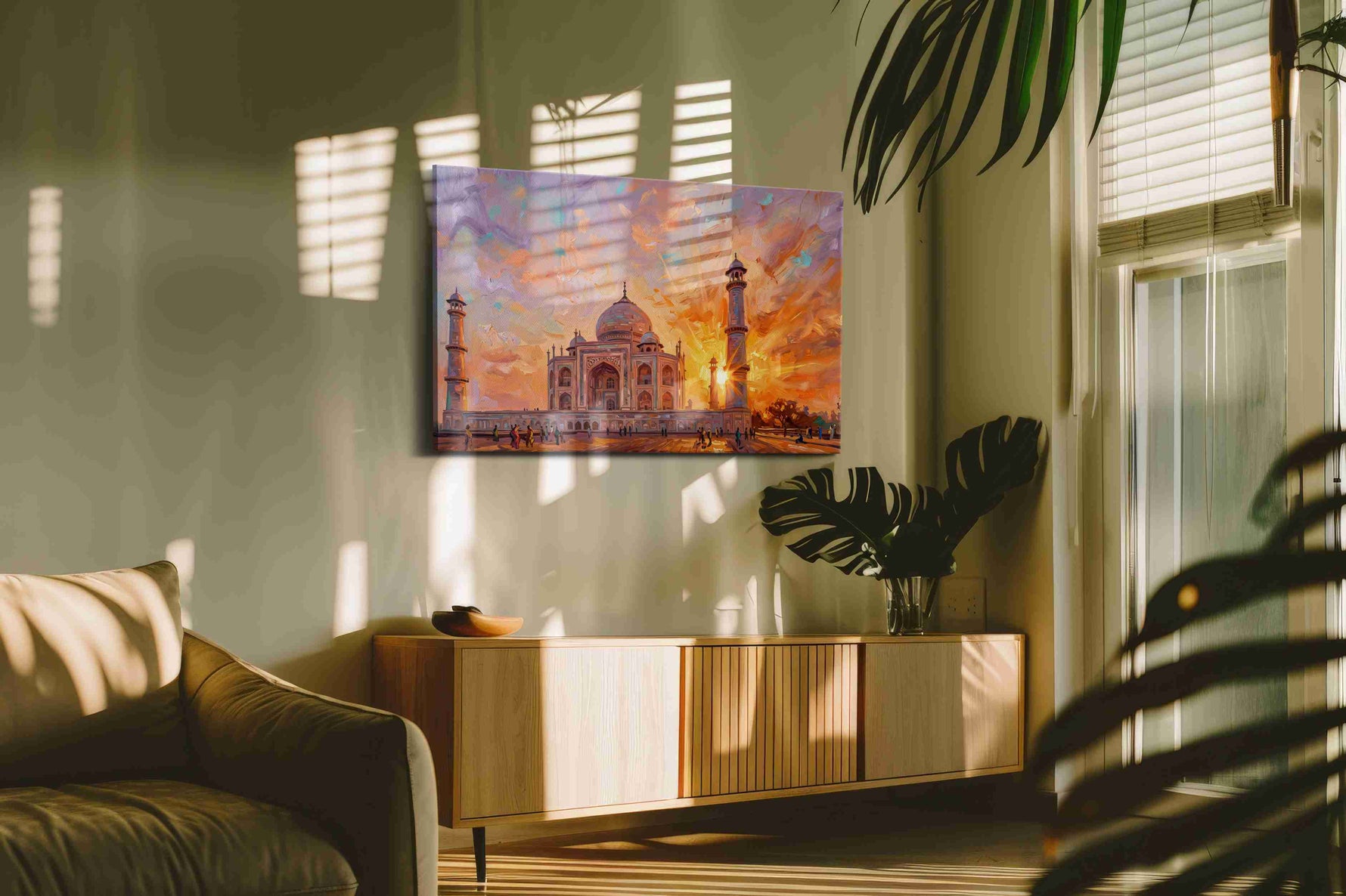 Sunset Serenade at the Taj landmarks canvas print, hanging on wall