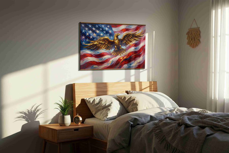 Eagle Spirit of Freedom patriotic canvas print, displayed in a bedroom