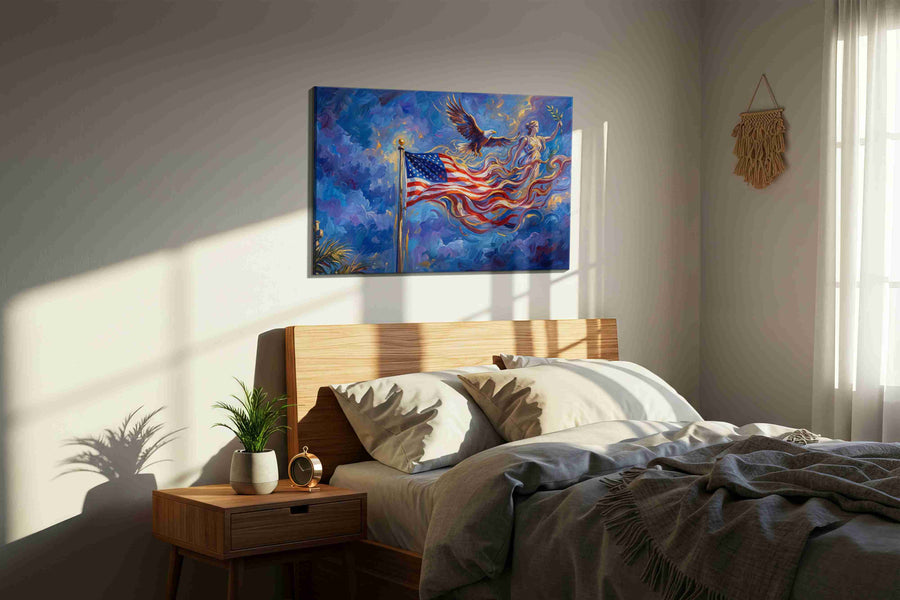 Eagle and Liberty Dreams patriotic canvas print, displayed in a bedroom