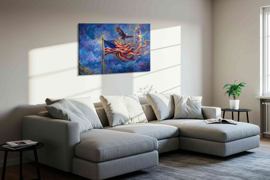 Eagle and Liberty Dreams patriotic canvas print, displayed in a living room