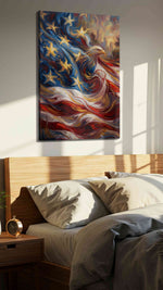 Eagle of Freedom's Wave patriotic canvas print, displayed in a bedroom