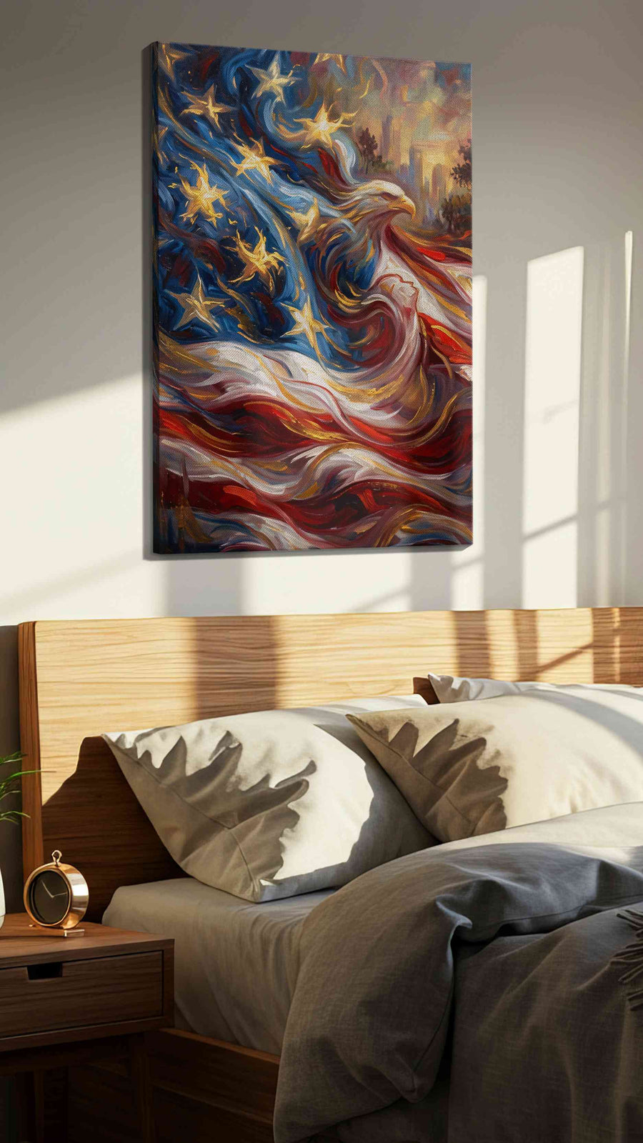 Eagle of Freedom's Wave patriotic canvas print, displayed in a bedroom