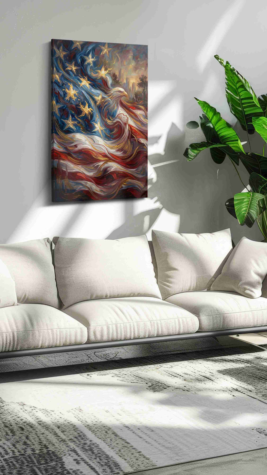 Eagle of Freedom's Wave patriotic canvas print in a modern interior mockup