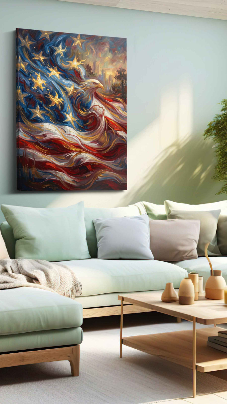 Eagle of Freedom's Wave patriotic canvas print, hanging on wall