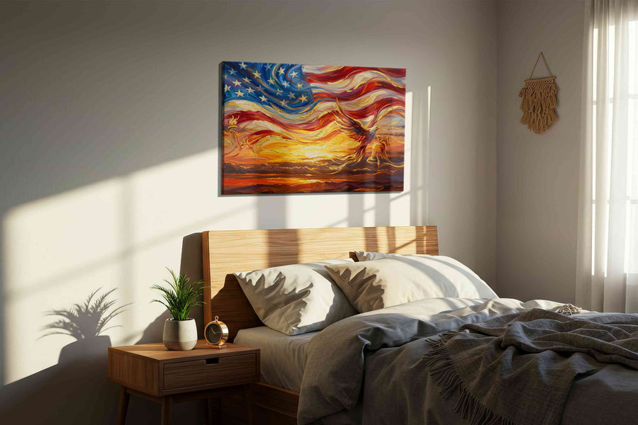 Eagle's Dawn Symphony patriotic canvas print, displayed in a bedroom