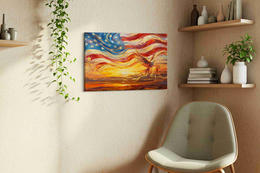 Eagle's Dawn Symphony patriotic canvas print, displayed in a living room