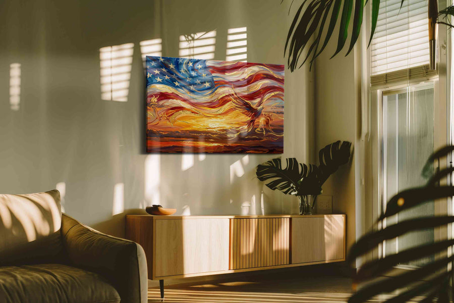 Eagle's Dawn Symphony patriotic canvas print, on wall, lifestyle preview