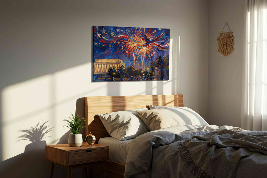 Eagle's Fireworks Symphony patriotic canvas print, displayed in a bedroom