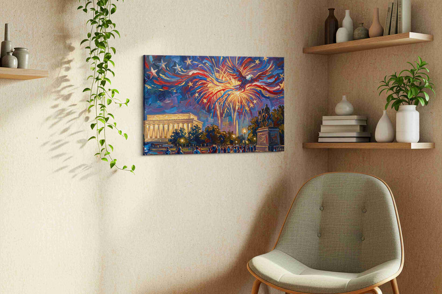 Eagle's Fireworks Symphony patriotic canvas print, displayed in a living room