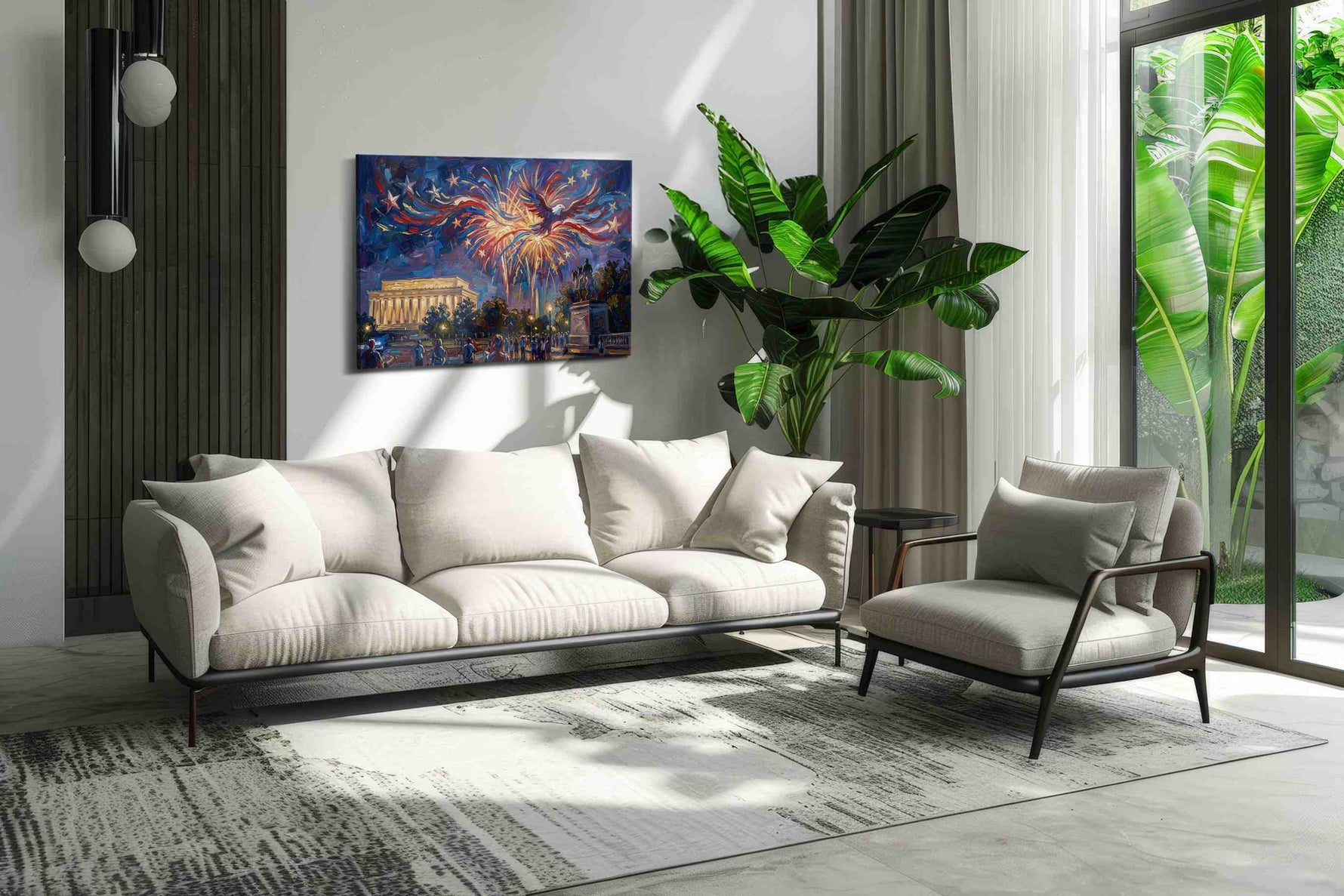 Eagle's Fireworks Symphony patriotic canvas print, on wall, lifestyle preview