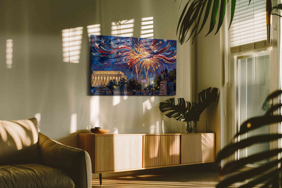 Eagle's Fireworks Symphony patriotic canvas print in a hung canvas mockup