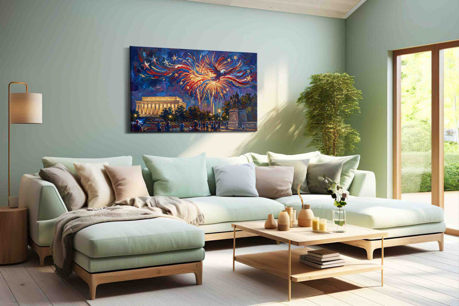 Eagle's Fireworks Symphony patriotic canvas print, hanging on wall