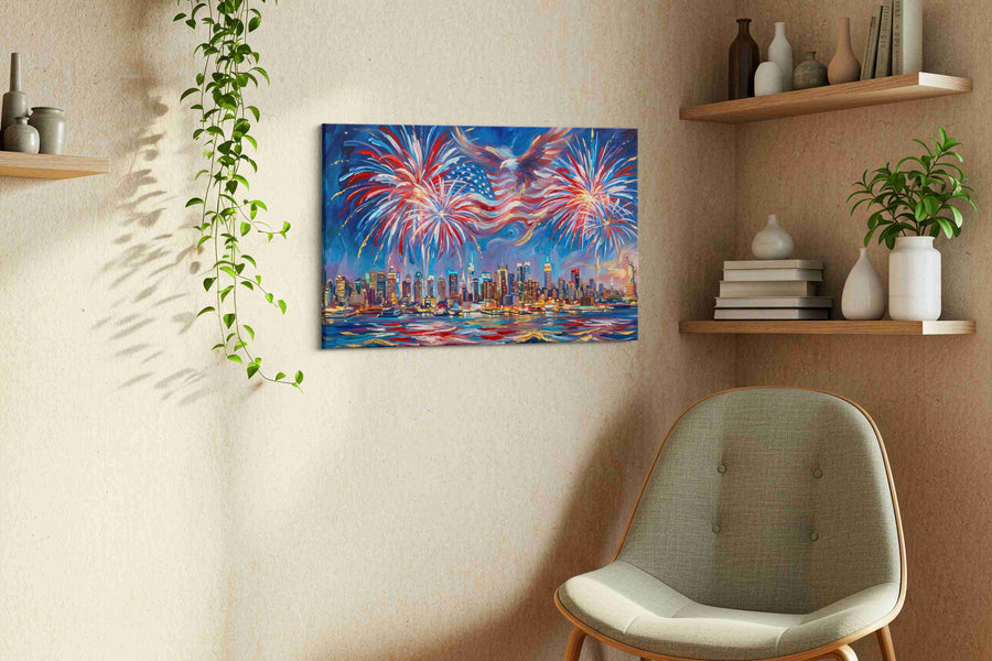 Eagle's Freedom Symphony patriotic canvas print styled in a living room