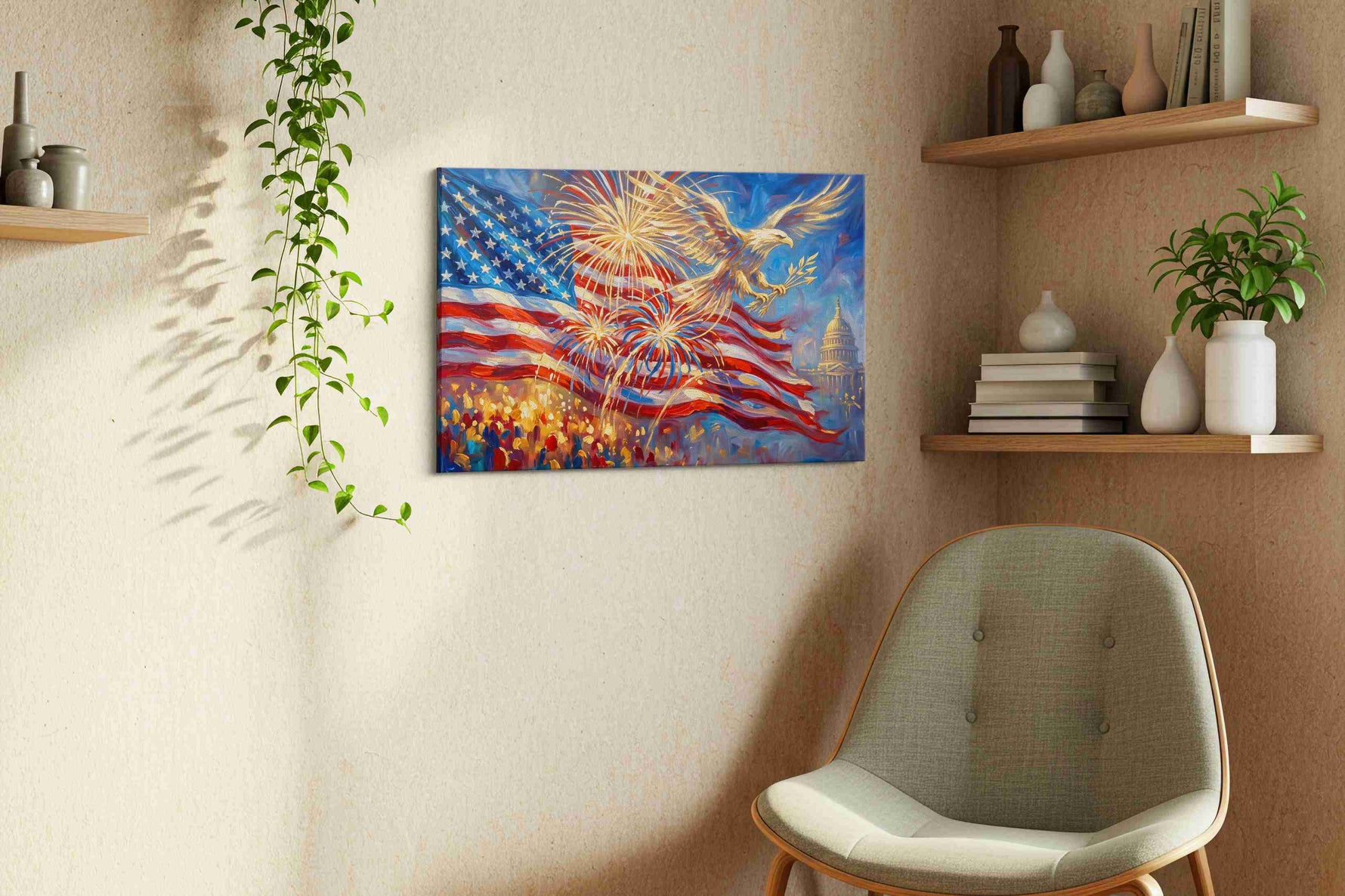 Eagle's Glorious Celebration patriotic canvas print, hanging on wall — view 4