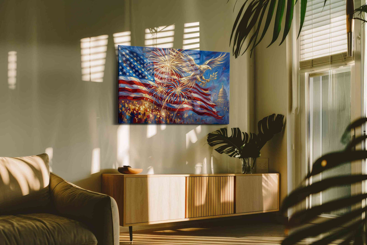 Eagle's Glorious Celebration patriotic canvas print, hanging on wall