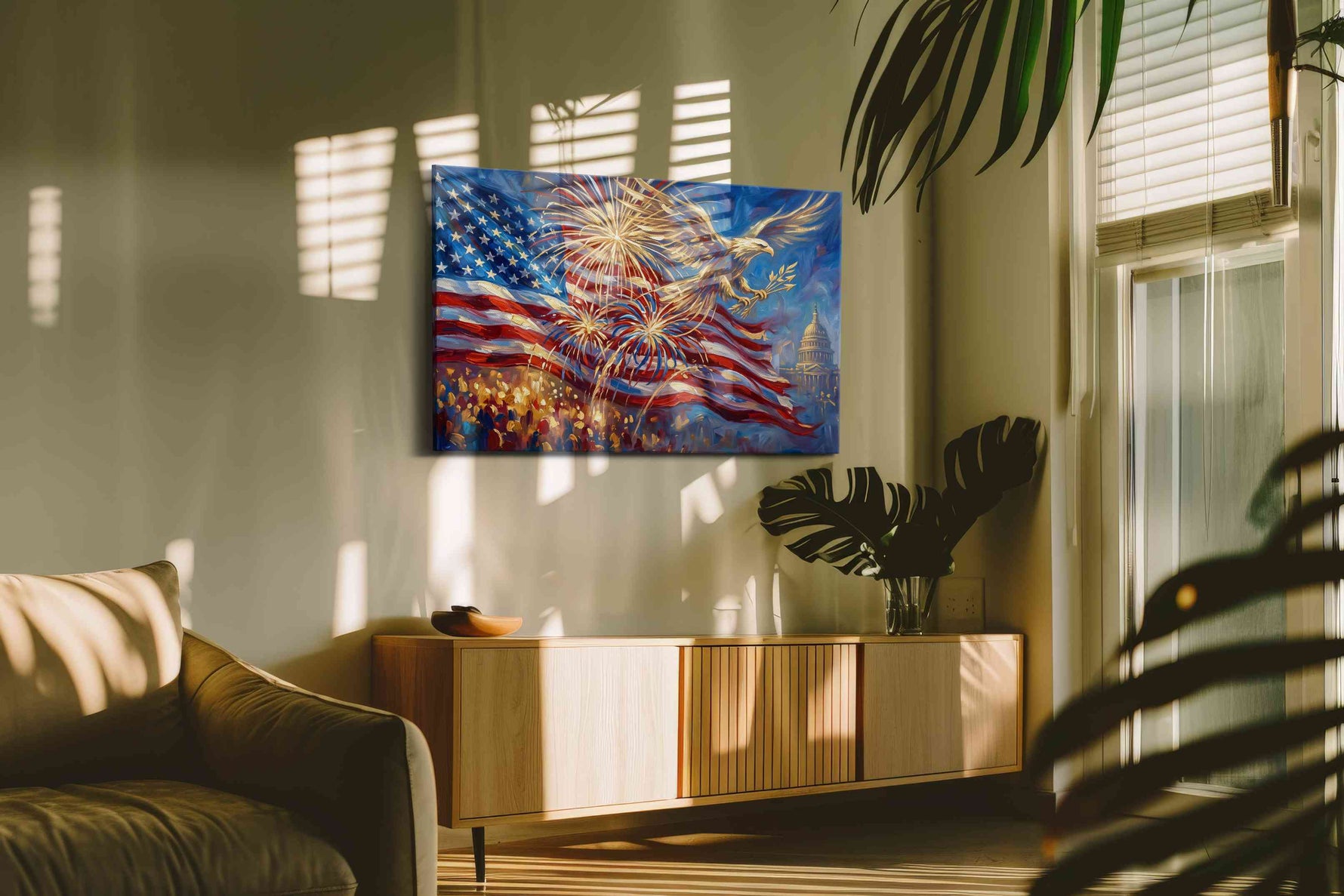 Eagle's Glorious Celebration patriotic canvas print, hanging on wall