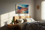 Eagle's Skyward Glory patriotic canvas print, displayed in a bedroom