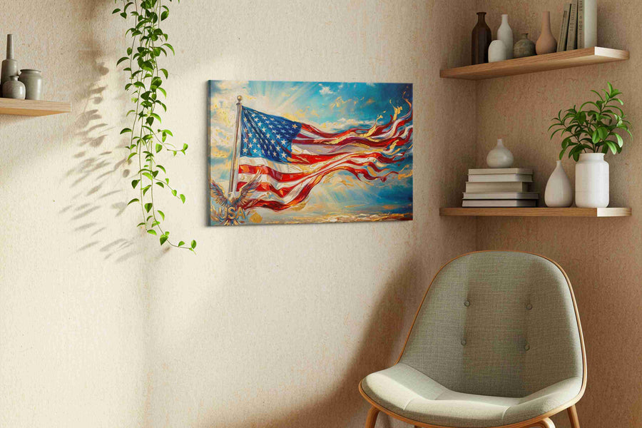 Eagle's Skyward Glory patriotic canvas print, displayed in a living room