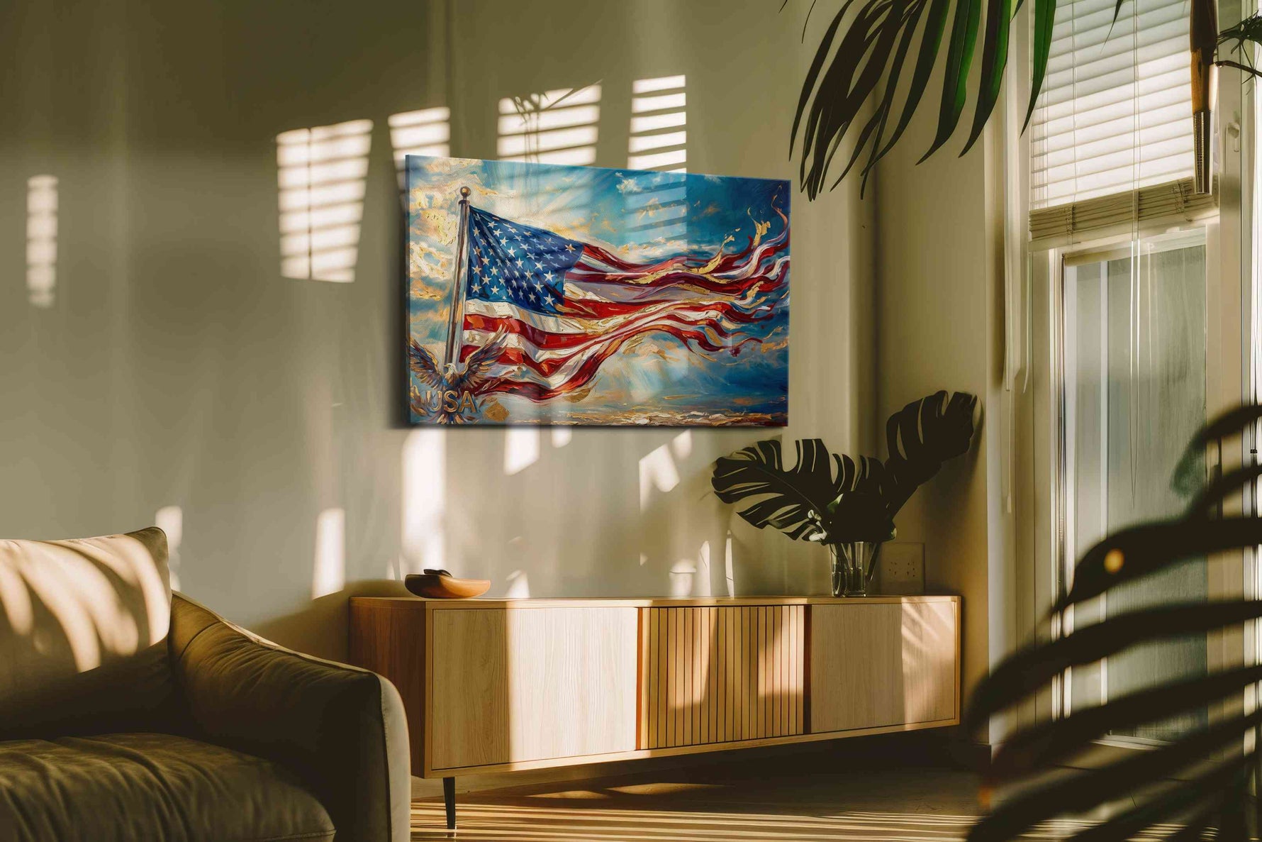 Eagle's Skyward Glory patriotic canvas print, on wall, lifestyle preview