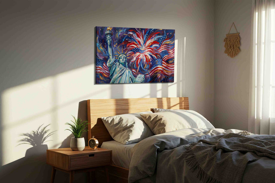 Eternal Flames of Freedom patriotic canvas print, displayed in a bedroom