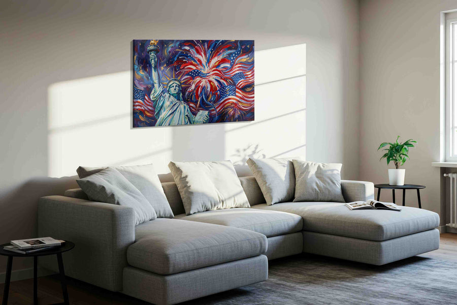Eternal Flames of Freedom patriotic canvas print, displayed in a living room