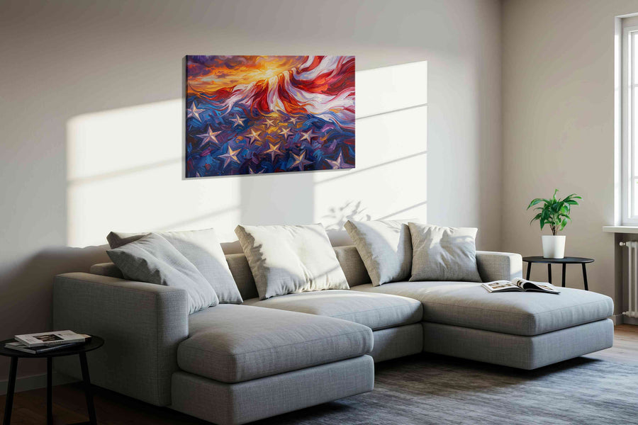 Eternal Waves of Freedom patriotic canvas print, displayed in a living room