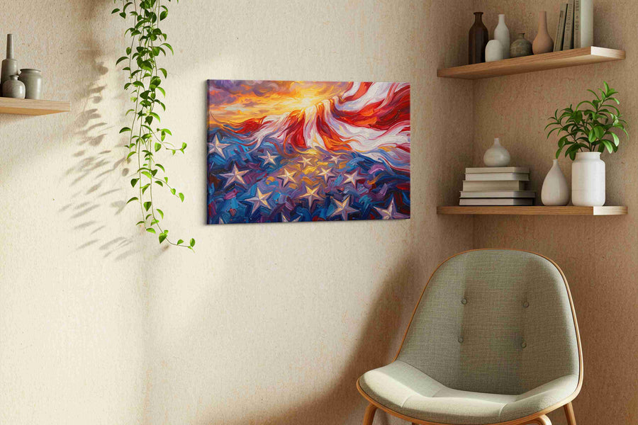 Eternal Waves of Freedom patriotic canvas print styled in a living room