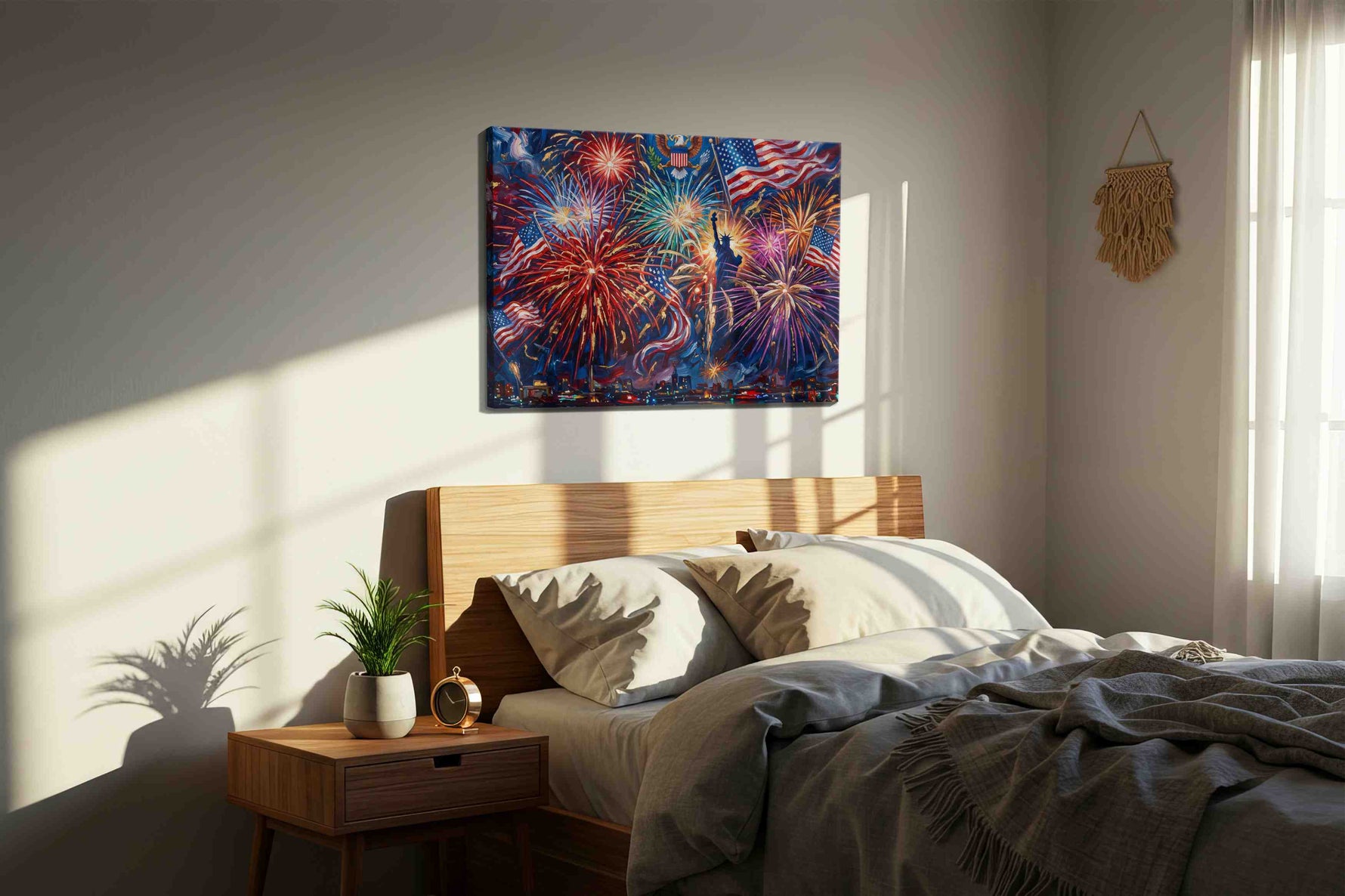 Firework Symphony of Liberty patriotic canvas print, displayed in a bedroom