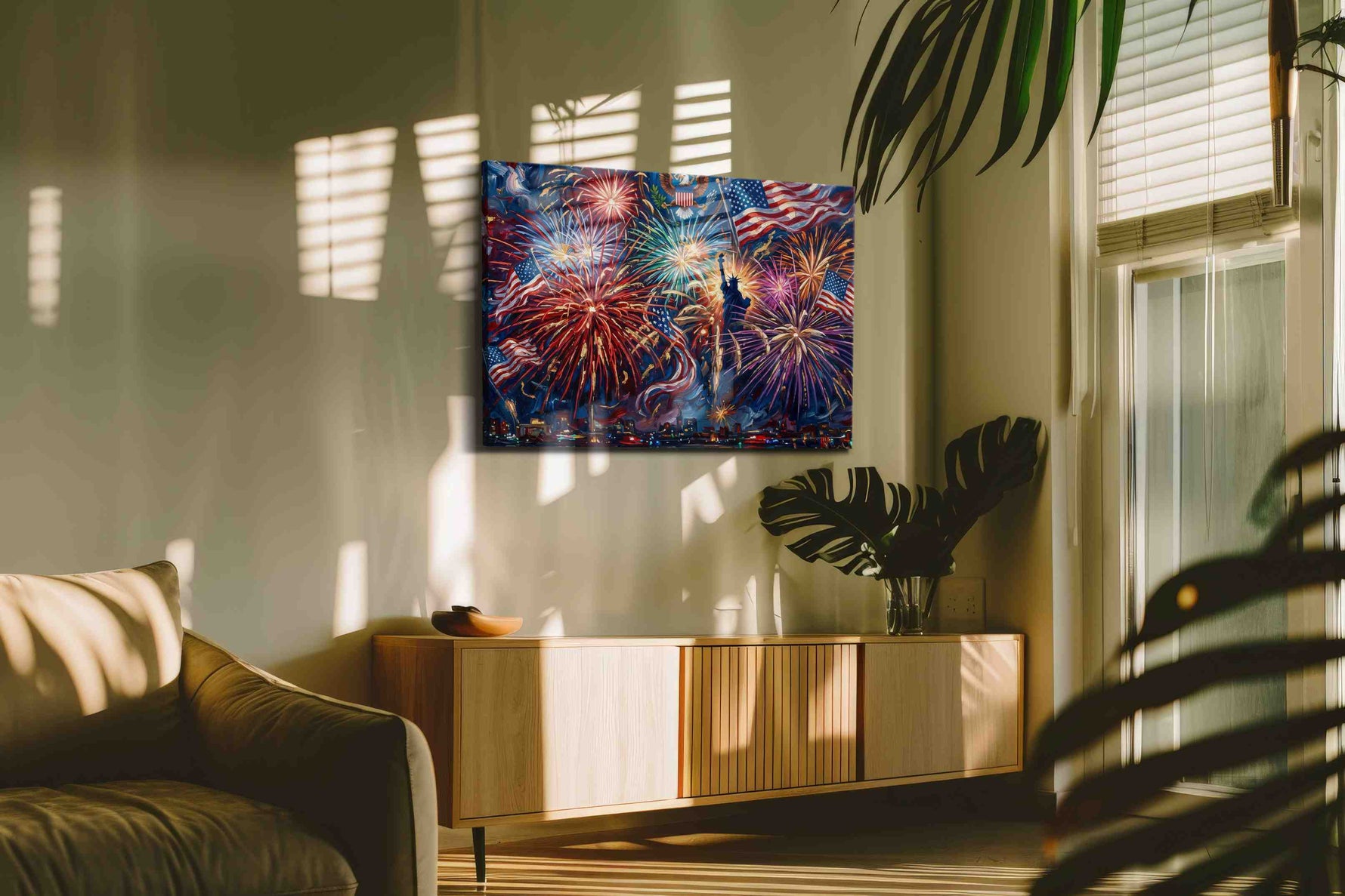 Firework Symphony of Liberty patriotic canvas print in a hung canvas mockup