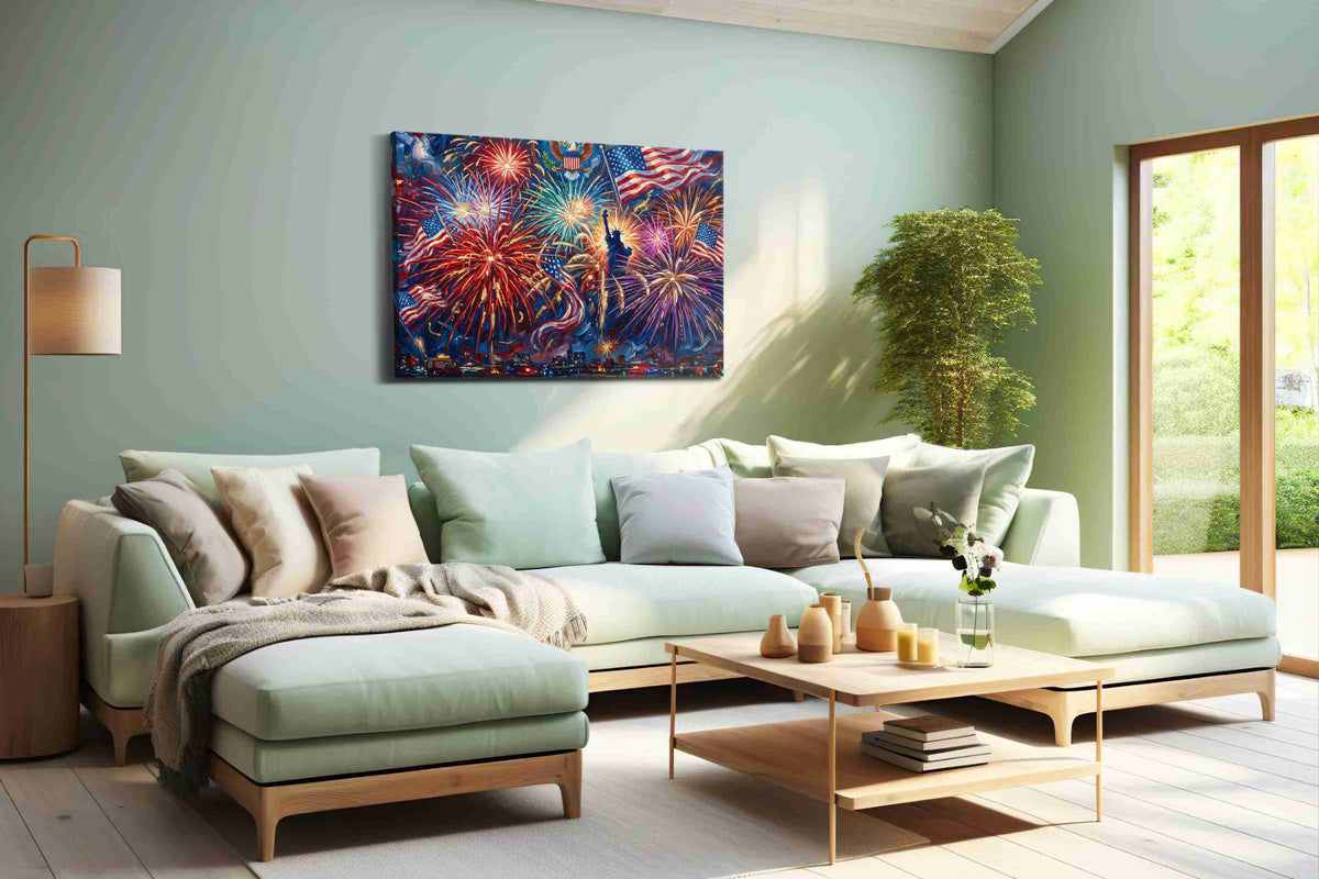 Firework Symphony of Liberty patriotic canvas print shown in a wall scene