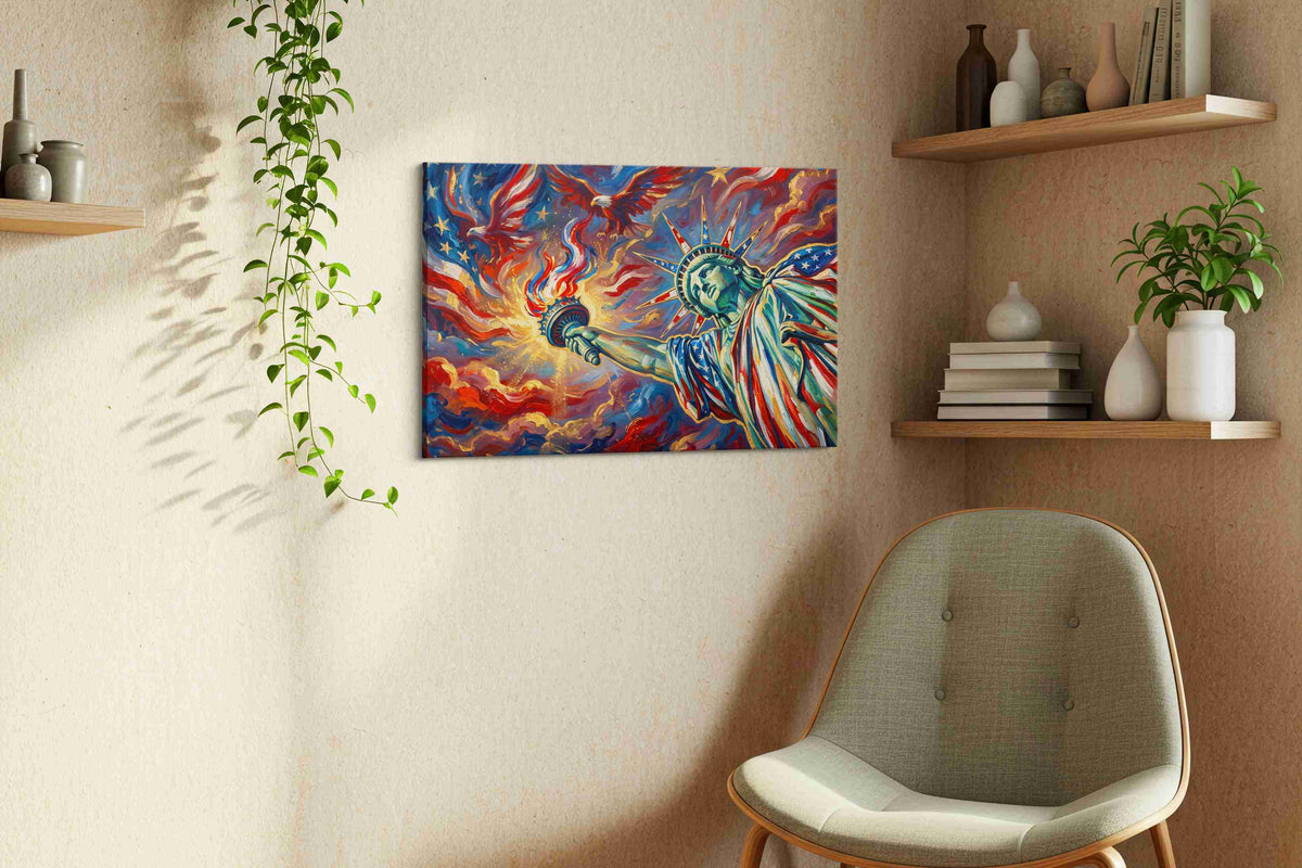 Flames of Freedom patriotic canvas print, displayed in a living room